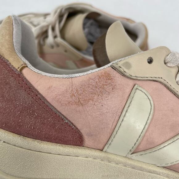 Veja V-10 Multico Nude Colorblock Sneakers Suede Leather Pink Blue Cream Size 8 - Picture 14 of 16